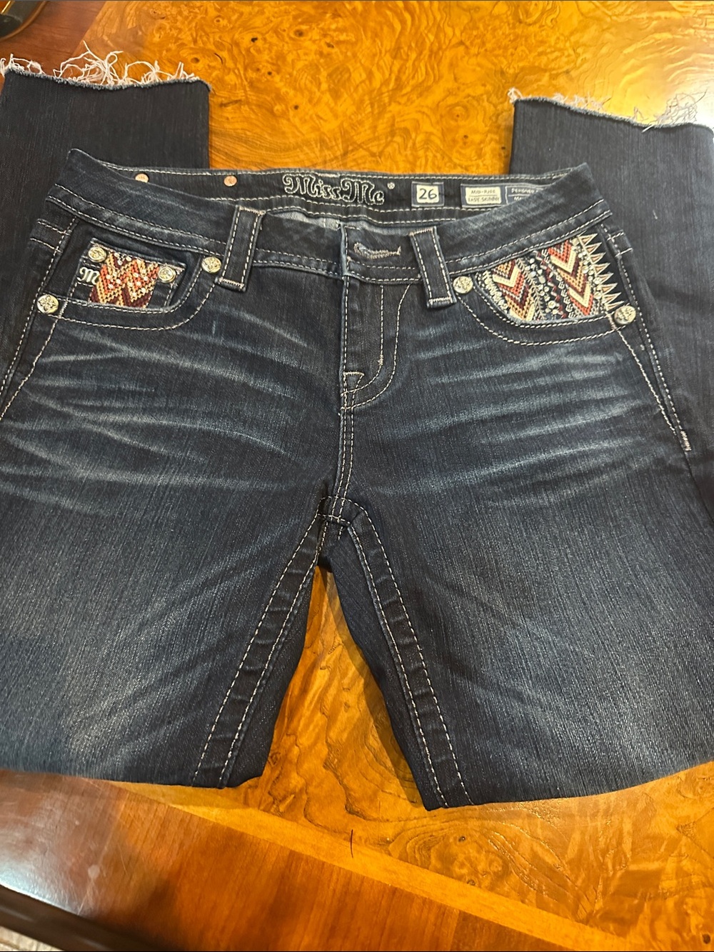 Miss Me Dark Wash Ankle Crop Jeans with Embroidered Pocket Detail - Blue